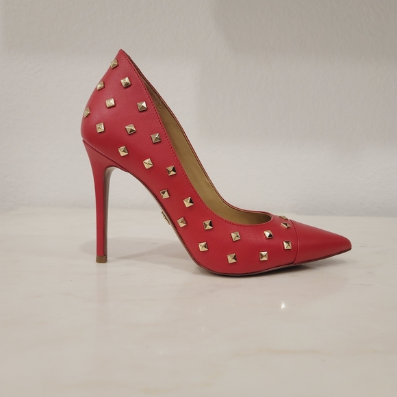 Michael Kors Keke Studded Leather Pointed Toe Stiletto Pumps Crimson Red - Picture 3 of 9